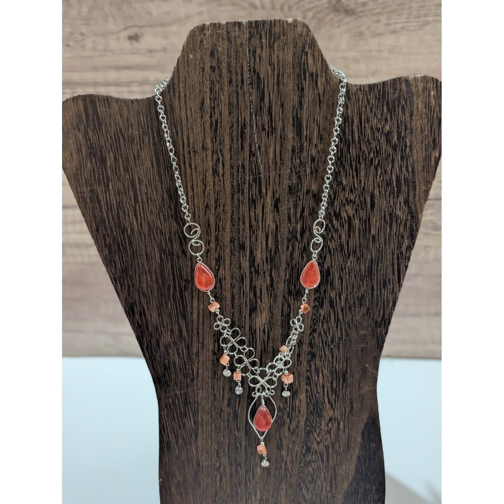 Bohemian Orange Teardrop Necklace and Earrings Set Silver Tone Wire Wrap Jewelry